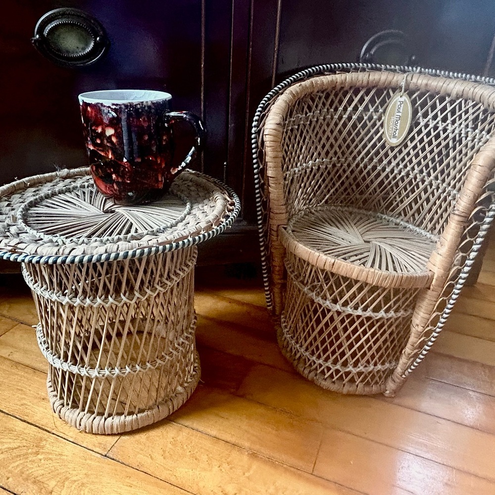 Handcrafted Woven Wicker  1980’s Paul Marshall Doll Size Table & Chair